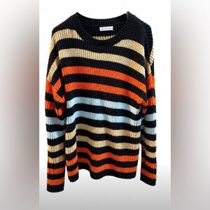 Womens Striped Crewneck Sweater in Black, Orange, Cream & Light Blue